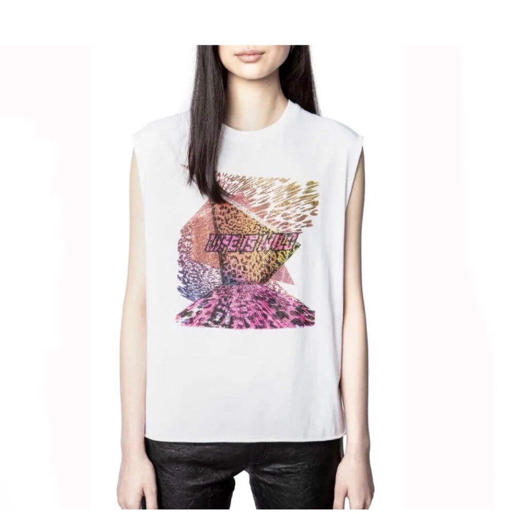 ZADIG & Voltaire “life is wild” rhinestud sleeveless raw edge tee size small NWT